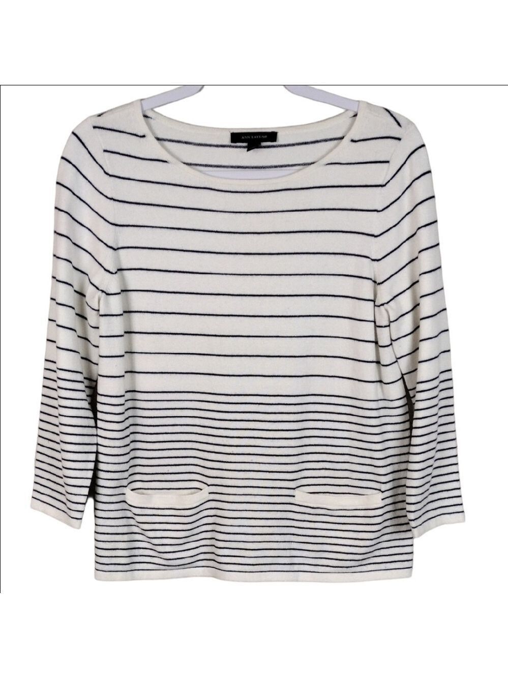 Ann Taylor White Black Striped Scoop Neck Three-quarter Sleeve Knit Sweater Top